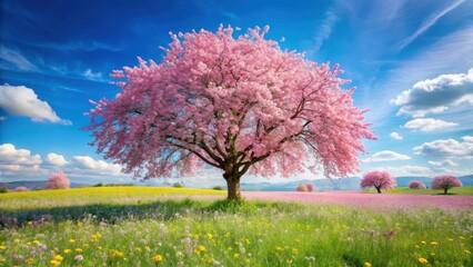 Naklejka premium A peaceful summer scene showcasing a majestic pink cherry blossom tree standing proudly amidst a vast field of blooming wildflowers on a warm and sunny day, lush gardens, pink cherry blossoms