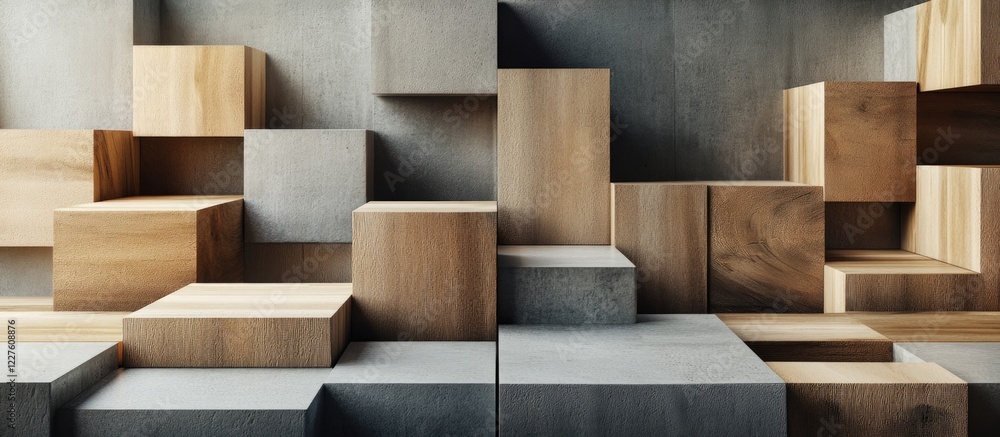 Poster modern artistic display of wooden and metallic blocks in a studio setting with ample negative space 