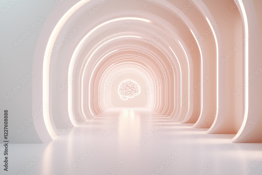 Poster a spacious white void illuminated by soft lighting features a faintly glowing brain outline at the c