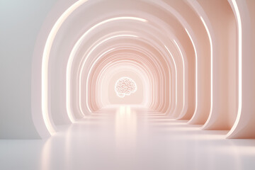 Fototapeta premium A spacious white void illuminated by soft lighting features a faintly glowing brain outline at the center. This minimalist scene evokes a subtle futuristic ambiance, captured at midday