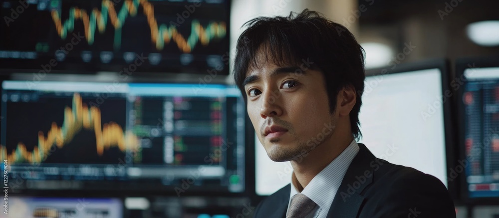 Aufkleber focused businessman analyzing financial data on multiple screens in a modern office environment with