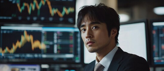 Focused businessman analyzing financial data on multiple screens in a modern office environment with space for text overlay and trader collaboration