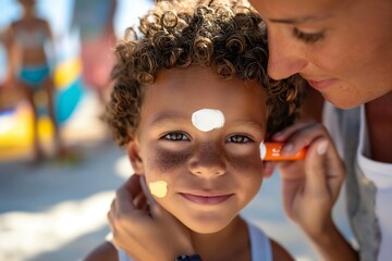 A young child with brown skin receives assistance from a parent to apply sunscreen on their face during a sunny beach outing, promoting healthy skincare habits