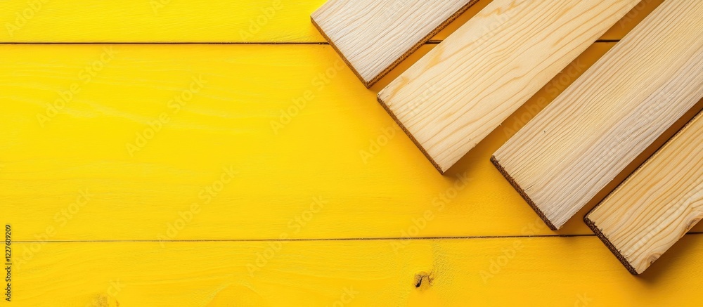 Poster wooden boards and sheet materials arranged on a vibrant yellow background with ample empty space for