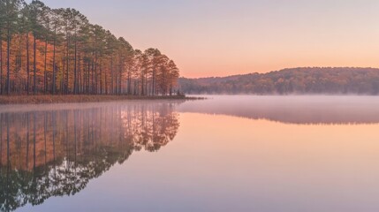 Golden Misty Dawn on the Lake Serene Fall Reflections in the South Carolina Upstate Mountains