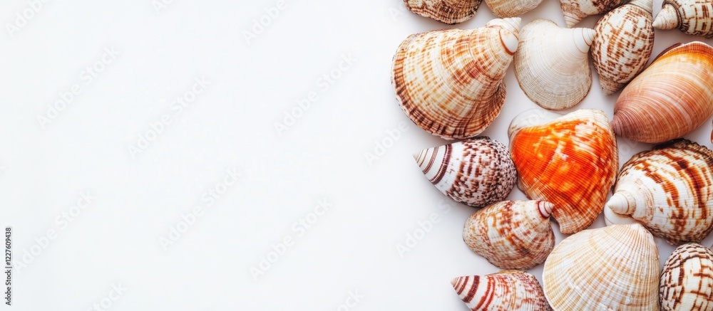 Poster harlequin maranoe mollusks arranged on a white background providing ample empty space for text or de