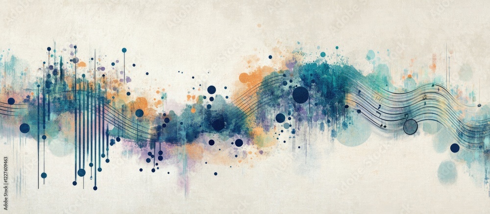 Poster harmonic scales abstract artwork with digital elements and minimalist background featuring empty cop