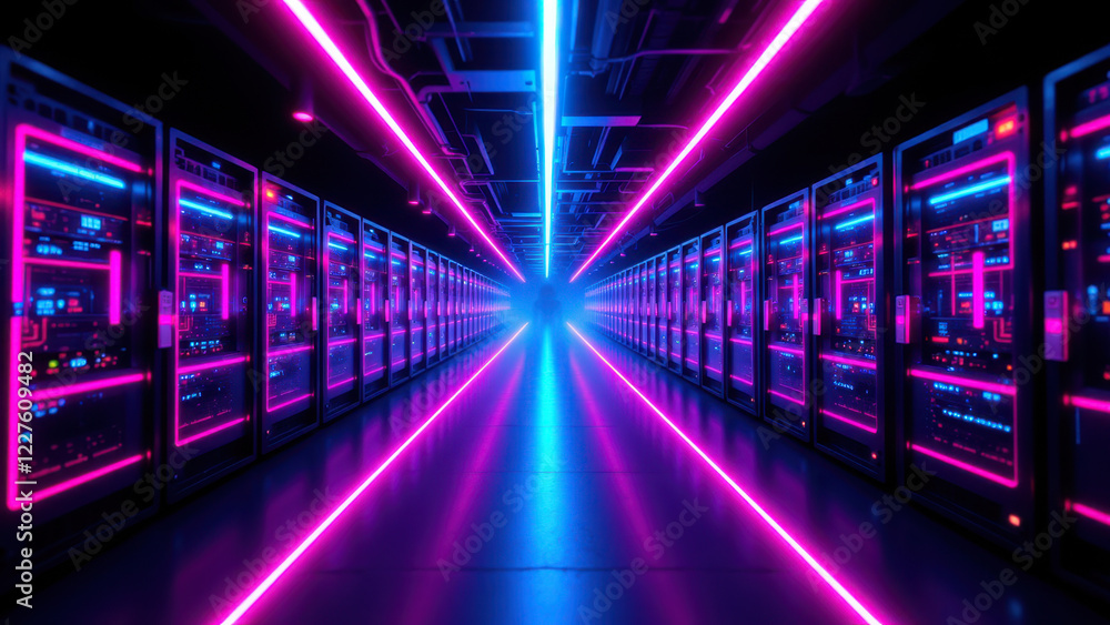 Poster a futuristic data center with neon lights illuminating the rows of servers.