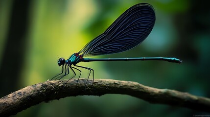 Naklejka premium A Vibrant Damselfly Perched on a Branch