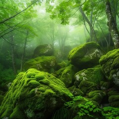 A serene forest landscape with moss-covered boulders and misty light filtering through the lush green canopy, creating a mystical and tranquil atmosphere
