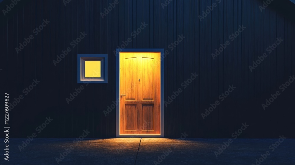 Poster open door concept in urban setting with warm glow emphasizing safety and accessibility against a dar
