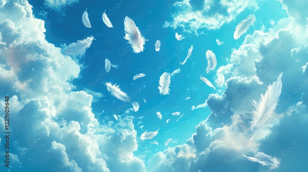 Poster serene blue sky with fluffy white clouds and drifting feathers creating a tranquil atmospheric scene