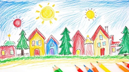 Obraz premium Joyful Kids Holiday Drawings Colorful Festive Artwork with Empty Space for Text Celebrating Christmas and Cheerful Family Moments