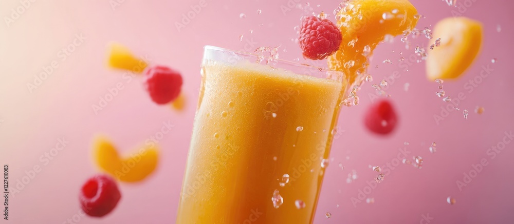 Poster fresh fruit smoothie with raspberries and peaches on colorful background healthy detox juicing conce