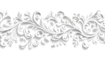 Fototapeta premium Elegant horizontal white decorative relief panel with intricate floral design isolated on white background for classic interior decor.