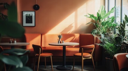 Luxurious restaurant interior featuring warm colors, stylish furniture, and natural elements for a cozy dining ambiance.