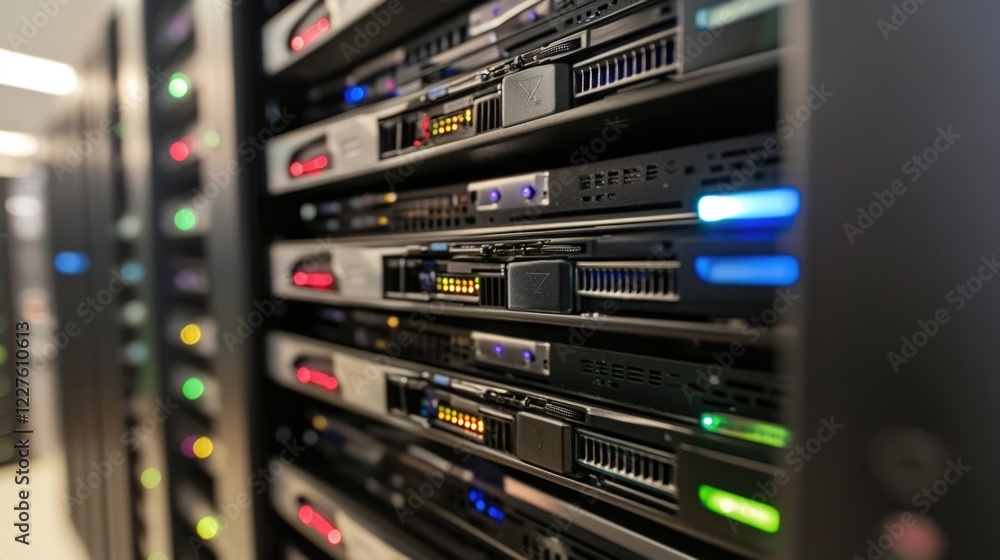 Poster futuristic data storage servers in a modern data center highlighting cutting-edge technology and ent