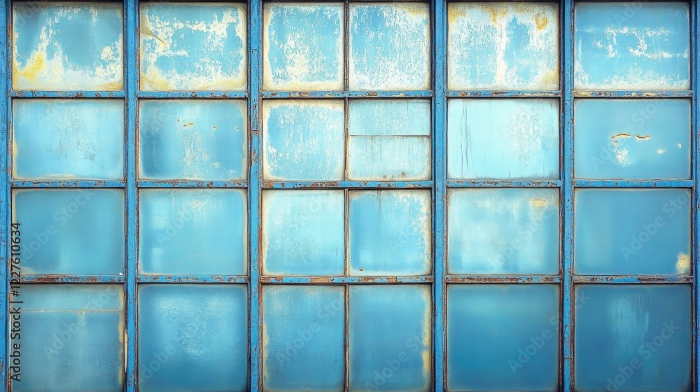 Poster blue glass windows in a building showcasing horizontal and vertical patterns with a weathered textur