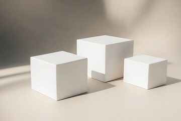 Three White Cubes Arranged On Beige Surface With Shadows,product presentation with shadows and light. Empty podiums. Mockup.,three minimalist white cubes