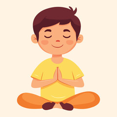Young boy meditating in lotus position vector illustration