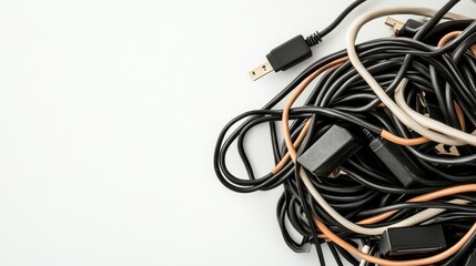 Tangle of Various Black and Colored Cables on White Background