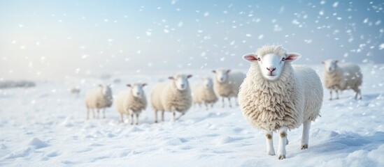 Woolly sheep in a snowy landscape with flock and clear space for text, evoking a serene winter atmosphere in nature.