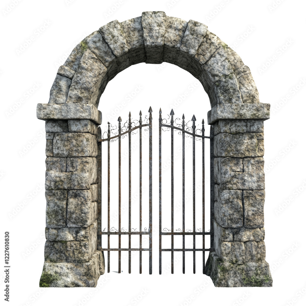 Poster a digitally rendered image depicts an old stone archway with a rusty metal gate, suggesting an aged 