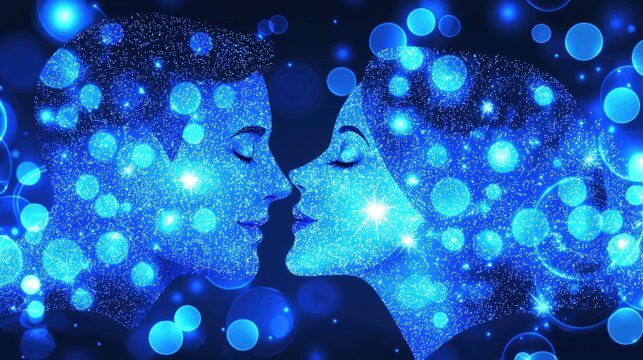 Couple kissing, blue sparkle, night, bokeh background, romantic love