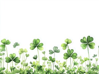 St Patricks Day decorative border with falling green clovers, isolated on white background
