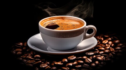 Obraz premium Warm Morning Coffee in a White Cup with Steam and Coffee Beans on Dark Background
