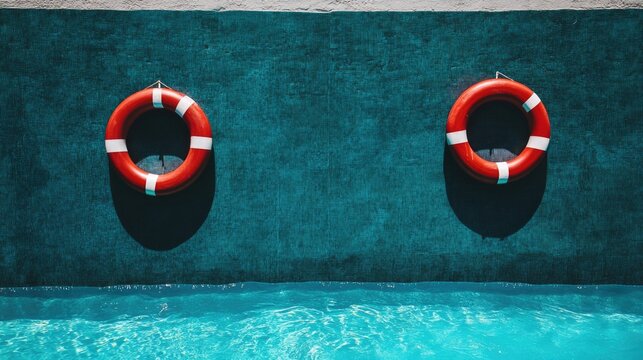 Hotel Pool Safety Signage Featuring Lifebuoys and Clear Etiquette Guidelines for Guests Enjoying the Swimming Area