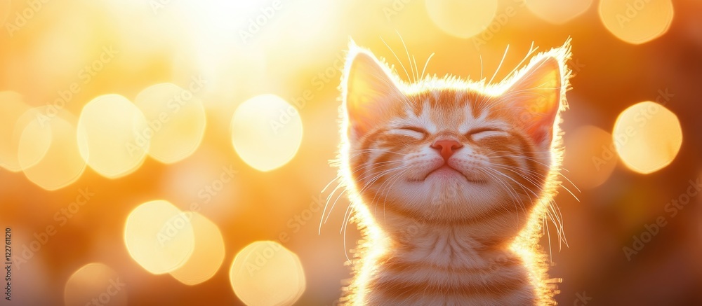 Poster happy striped cat enjoying sunset glow with a soft focus background and copy space for text