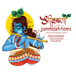 Illustration of happy Janmashtami Lord Krishna in Janmashtami festival of India with hindi calligra.