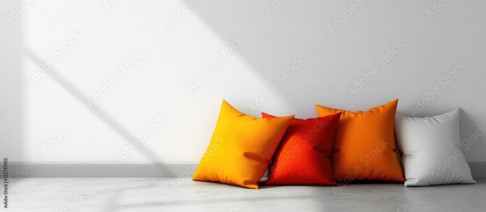 Aufkleber decorative cushions arranged in an empty room with natural light and copy space for text in a contem