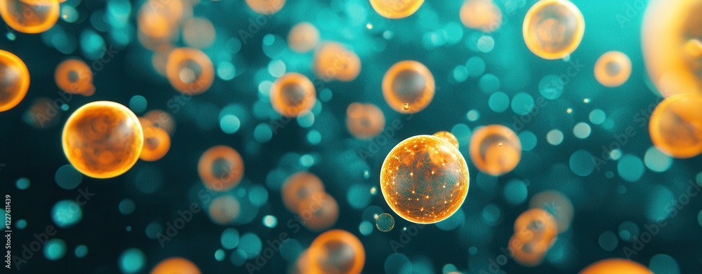 Poster a vibrant view of floating cells, showcasing intricate details and a dynamic background of glowing p