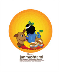 Illustration of happy Janmashtami Lord Krishna in Janmashtami festival of India with hindi calligra.