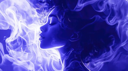 Dreamy silhouette of a woman surrounded by ethereal smoke, capturing a blend of elegance and artistic reflection in deep blue hues.