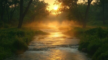 Obraz premium Golden Sunrise Over Tranquil Stream Surrounded by Lush Green Trees and Soft Mist in a Serene Natural Landscape