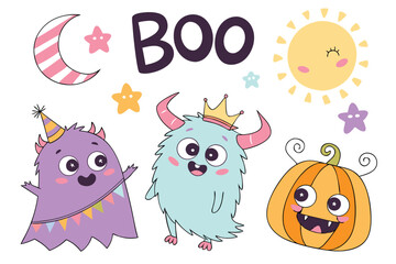 Cute cartoon monsters, colorful creatures, hand-drawn style, playful characters, various shapes and sizes, friendly expressions, purple, pink, blue, green, orange, yellow accents, fluffy textures, hor