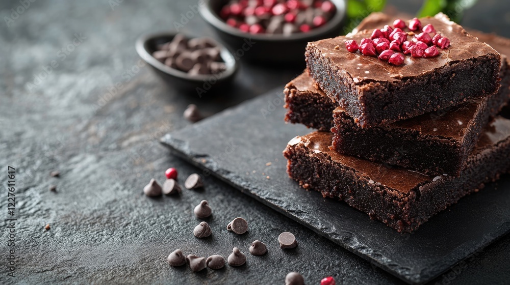 Aufkleber cocoa truffle brownies topped with pink pepper and chocolate chips on slate stone with dark textured