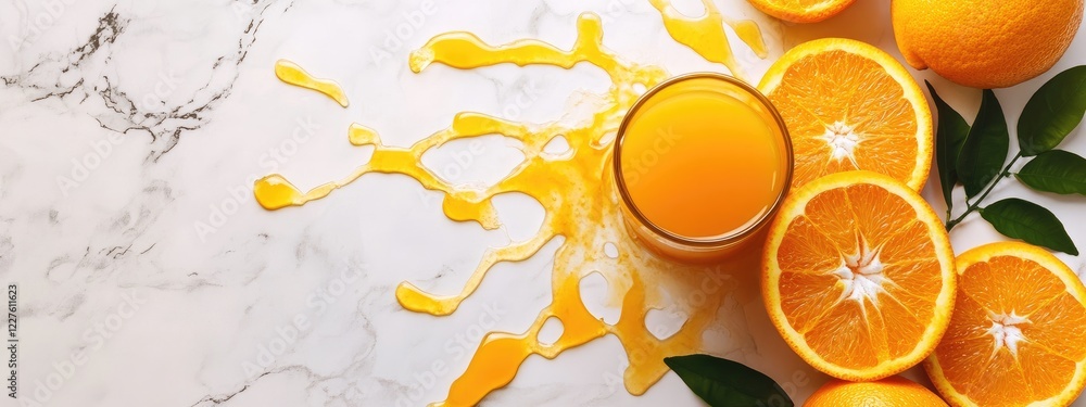 Poster freshly poured orange juice with splashes beside whole oranges and slices on a marble surface, offer