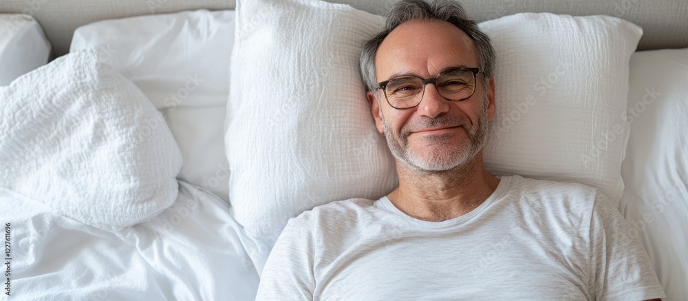 Aufkleber confident mature man relaxing in bed smiling with empty space for text in a serene bedroom setting