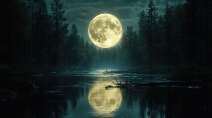 Fototapeta premium Illuminating Full Moon Reflecting on Calm Water Surrounded by Lush Forest at Night
