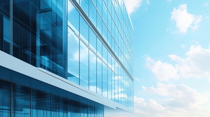 Obraz premium Modern office building with large glass facade reflecting the sky and clouds, showcasing contemporary architectural design and aesthetic appeal.