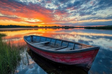 Sunset over calm waters with a weathered boat at the shore in a tranquil landscape