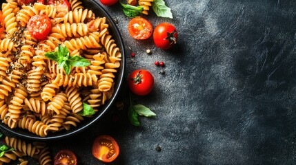 Delicious pasta dish with cherry tomatoes herbs and spices on a dark textured background ready for culinary presentations and promotions