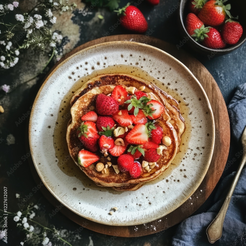 Aufkleber french toast with fresh strawberries and maple syrup on rustic plate delicious breakfast with empty 