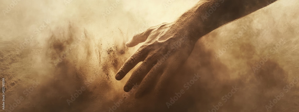 Poster hand emerging from fine dust and sand with a warm glow creating empty space for text or graphics in 