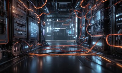 glowing circuits and wires in a futuristic environment, circuit boards, cyberpunk aesthetic