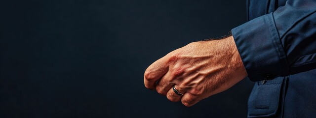 Close-up of a police officer's hand in a uniform highlighting textured skin with blank space for text or message overlay.
